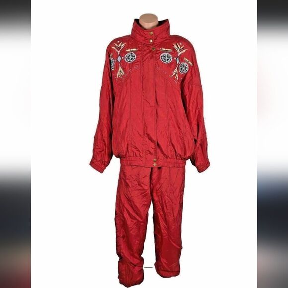 VTG Nylon 90's Beaded Red & Turquoise Track Suit Set - Picture 3 of 13